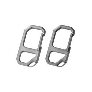 Two titanium multifunction carabiner bottle opener keychains on white