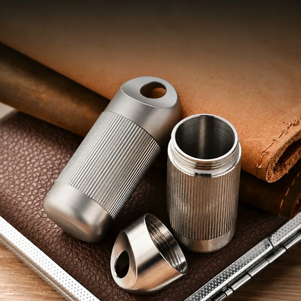 Disassembled pure titanium storage capsule with knurled body on a leather case