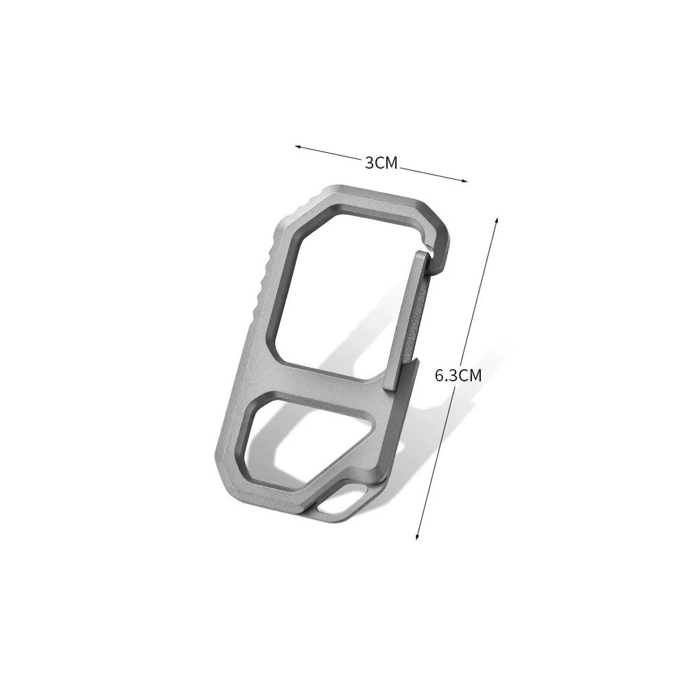 Titanium carabiner bottle opener keychain with 63 by 30 millimeter reference dimensions