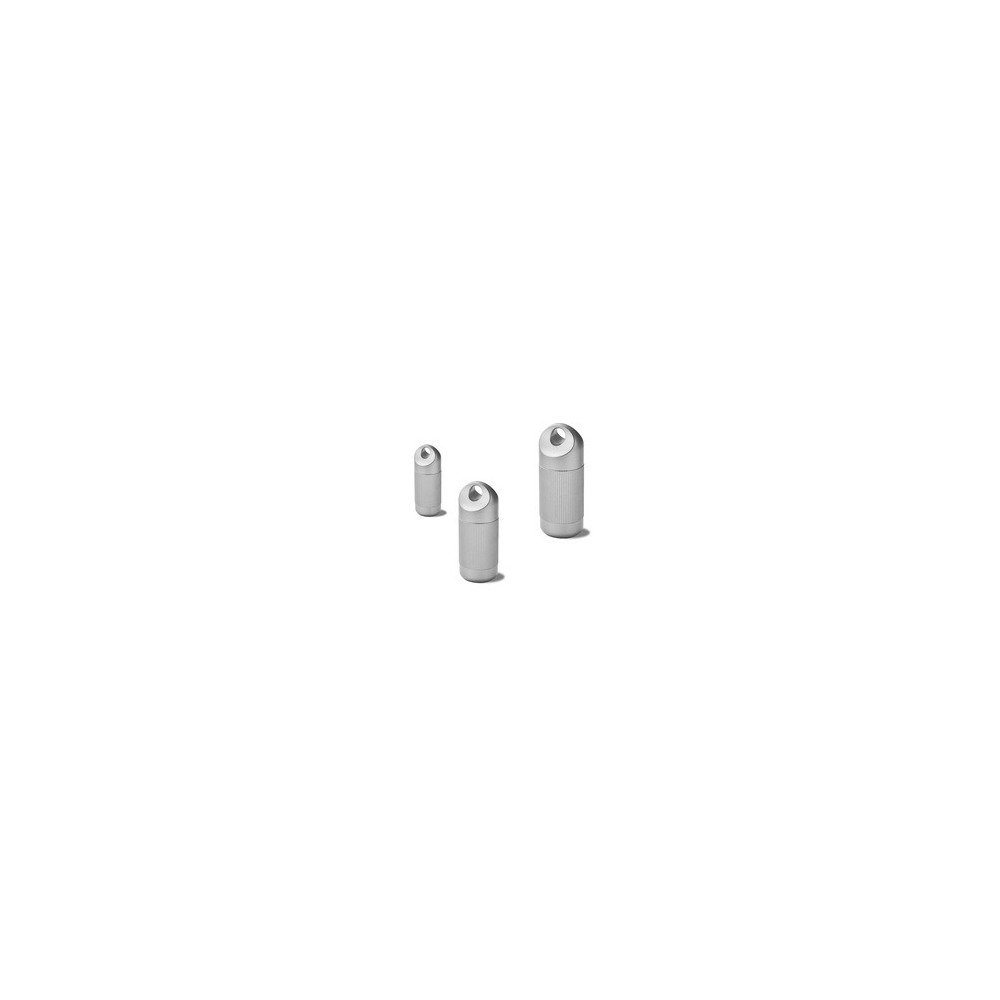Three polished titanium storage capsule sizes