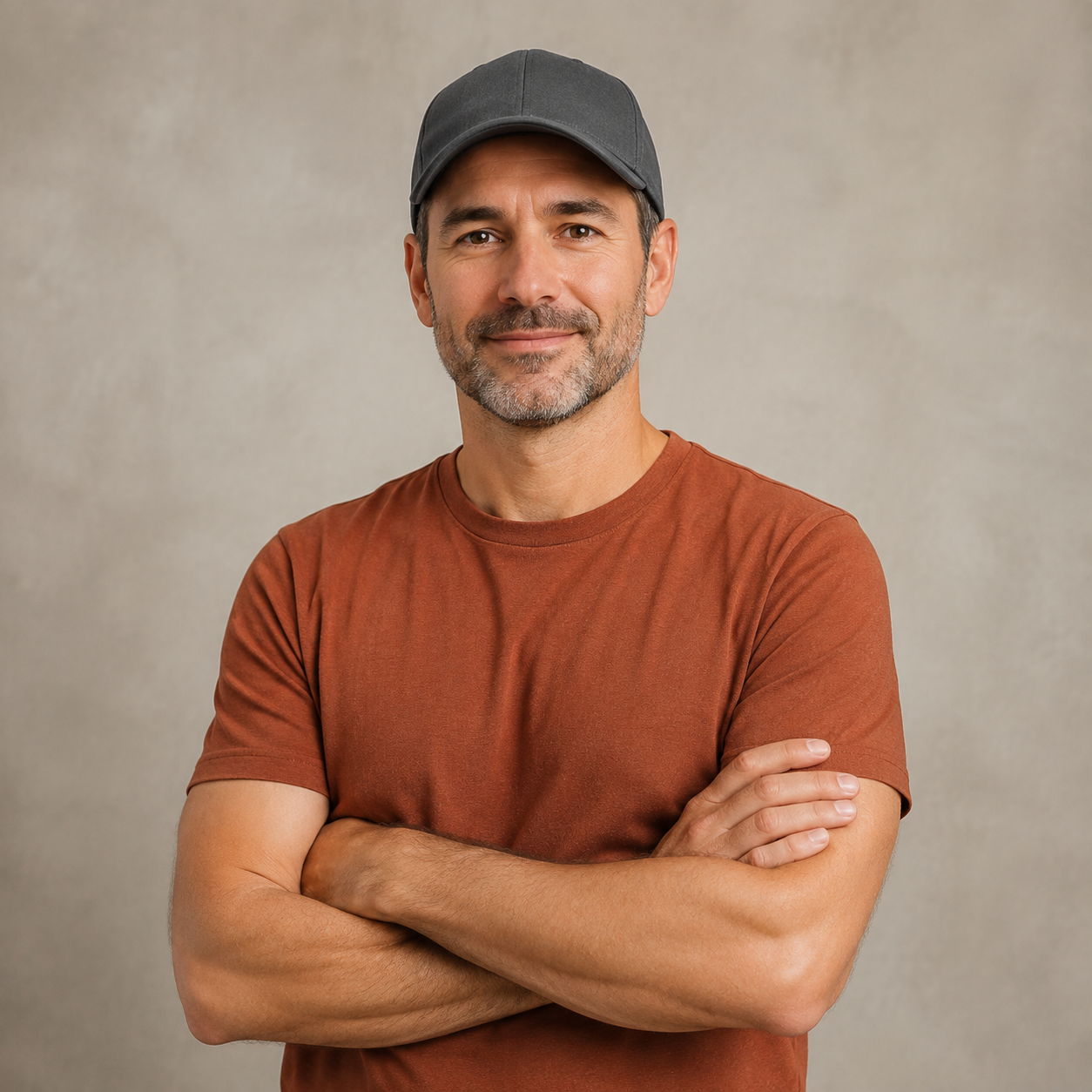 Fictional male online seller wearing a T-shirt and baseball cap