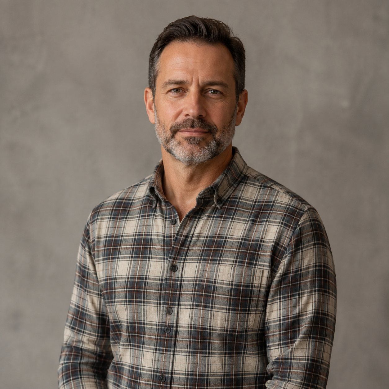 Fictional male product team member wearing a plaid shirt